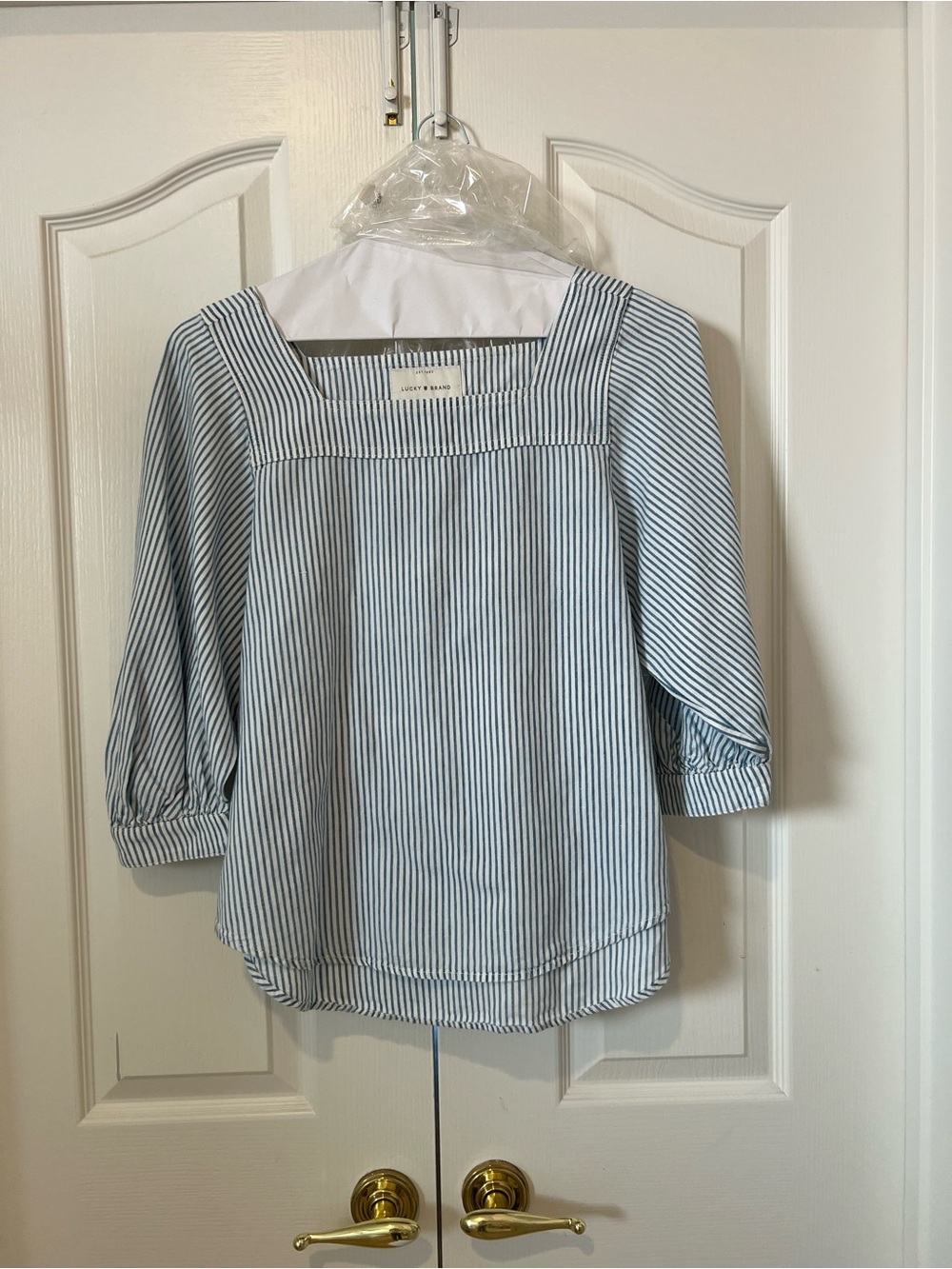 Lucky Brand Blue and White Striped Square-Neck Blouse